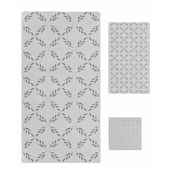 Grey Morocco Towel Set of 3, Soft Microfiber Bath Towels, Hand Towel, Washcloths, Abstract Geometric Leaf Diamond Lattice Quick-Dry Absorbent Towels for Bathroom Kitchen Hotel Beach Gym Spa