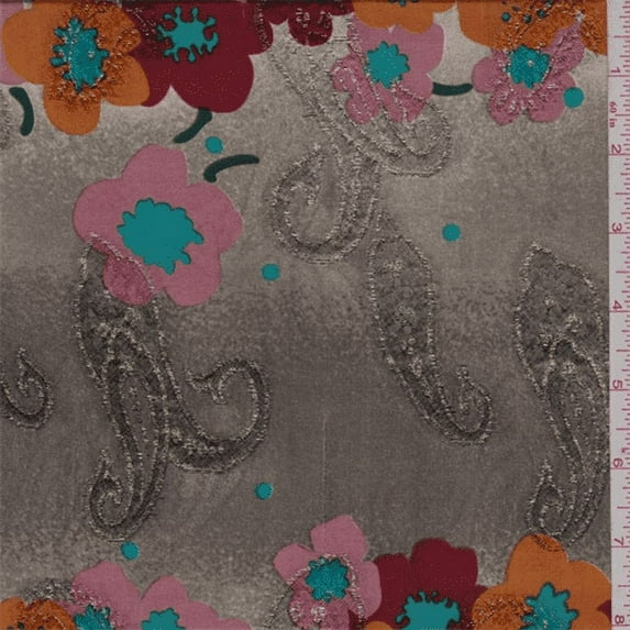 Grey Mottled Multi Floral Silk Crepe de Chine, Fabric By the Yard