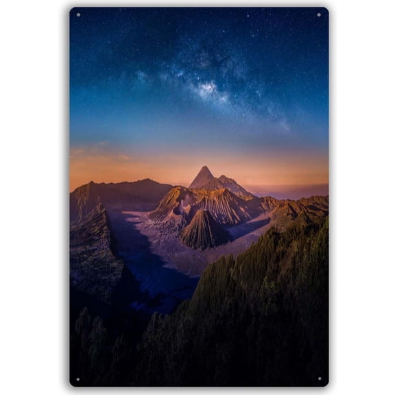 Grey Mount Bromo Volcano Milky Way Metal Tin Sign Retro Night Sky Wall Art for Home Office Cafe Kitchen Decor 8x12 Inch