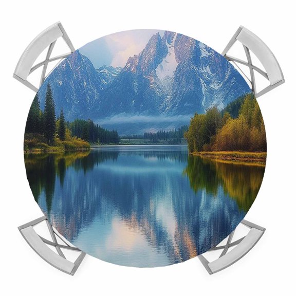 Grey Mountain Round Tablecloth for 45-54 Inch Tables, Fitted Table Cover with Elastic Edge, Green Forest Modern Art Farmhouse Waterproof Outdoor Table Cloth Protector for Patio Garden Dinner Picnic