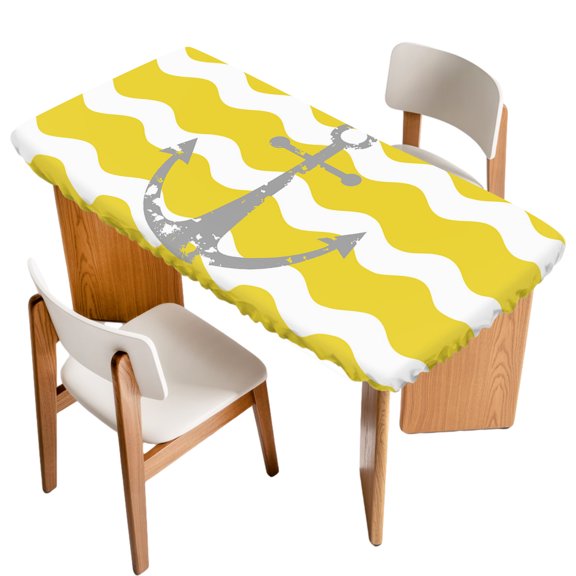Grey Nautical Fitted Rectangle Tablecloth 24" x 50" Anchor Yellow Wavy Stripes Elastic Table Cloth Fits for 4 Foot Folding Tables Waterproof Table Cover for Picnic Camping Outdoor
