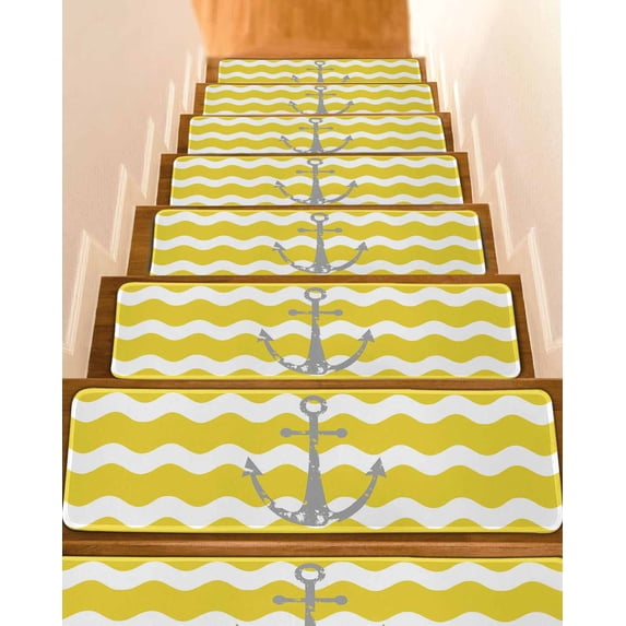 Grey Nautical Stair Treads Non Slip for Steps Anchor Yellow Wavy Stripes 4 Pcs Reusable Adhesive Stair Runner Mats for Dogs Elders Carpet Treads Rugs for Staircase 8x30 In