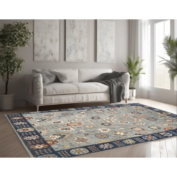 Grey Navy Blue Premium Handwoven Pure Wool Sultanabad Rug, 9ft 1in x 11ft 11in