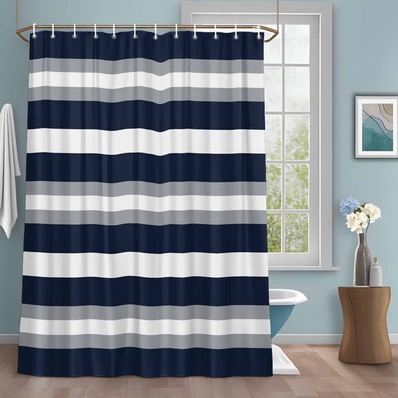 Grey Navy Blue Stripe Shower Curtains for Bathroom, Modern Abstract Washable Fabric Shower Curtain with Hooks Waterproof Bathroom Decor Sets, 36 x 72 Inches
