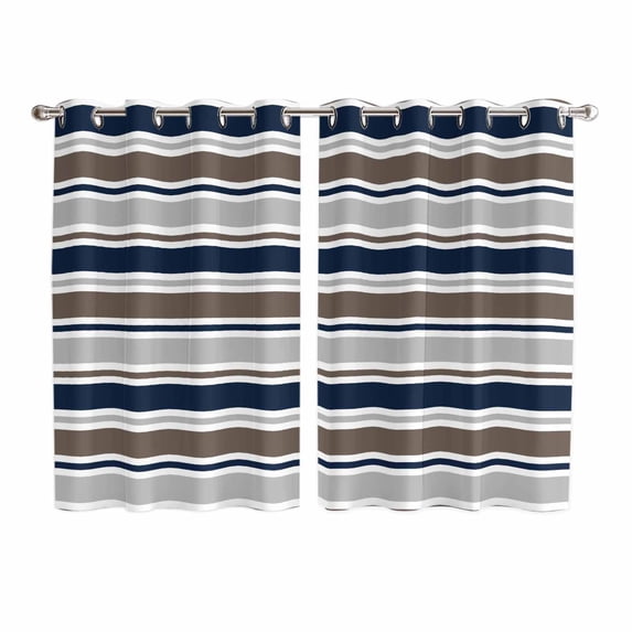 Grey Navy Blue Striped Kitchen Curtains Window Panels, Farmhouse Stripes Modern Abstract Art Insulated Window Treatment Curtain, Grommet Curtains for Bedroom/Living Room/Bathroom, 2 Piece 52"Wx63"L