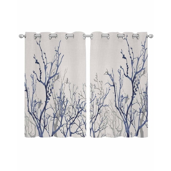 Grey Navy Blue Tree Sheer Curtains 39 Inch Length 2 Panels Set for Living Room/Bedroom, Country Rustic Botanical Branch Kitchen Curtains Grommet Semi-Sheer Curtains Window Treatments 27.5"x39"x2