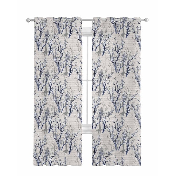 Grey Navy Blue Tree Sheer Curtains 63 Inch Length 2 Panels Set for Living Room/Bedroom, Country Rustic Botanical Branch Kitchen Curtains Grommet Semi-Sheer Curtains Drapes Window Treatments 42"x63"x2