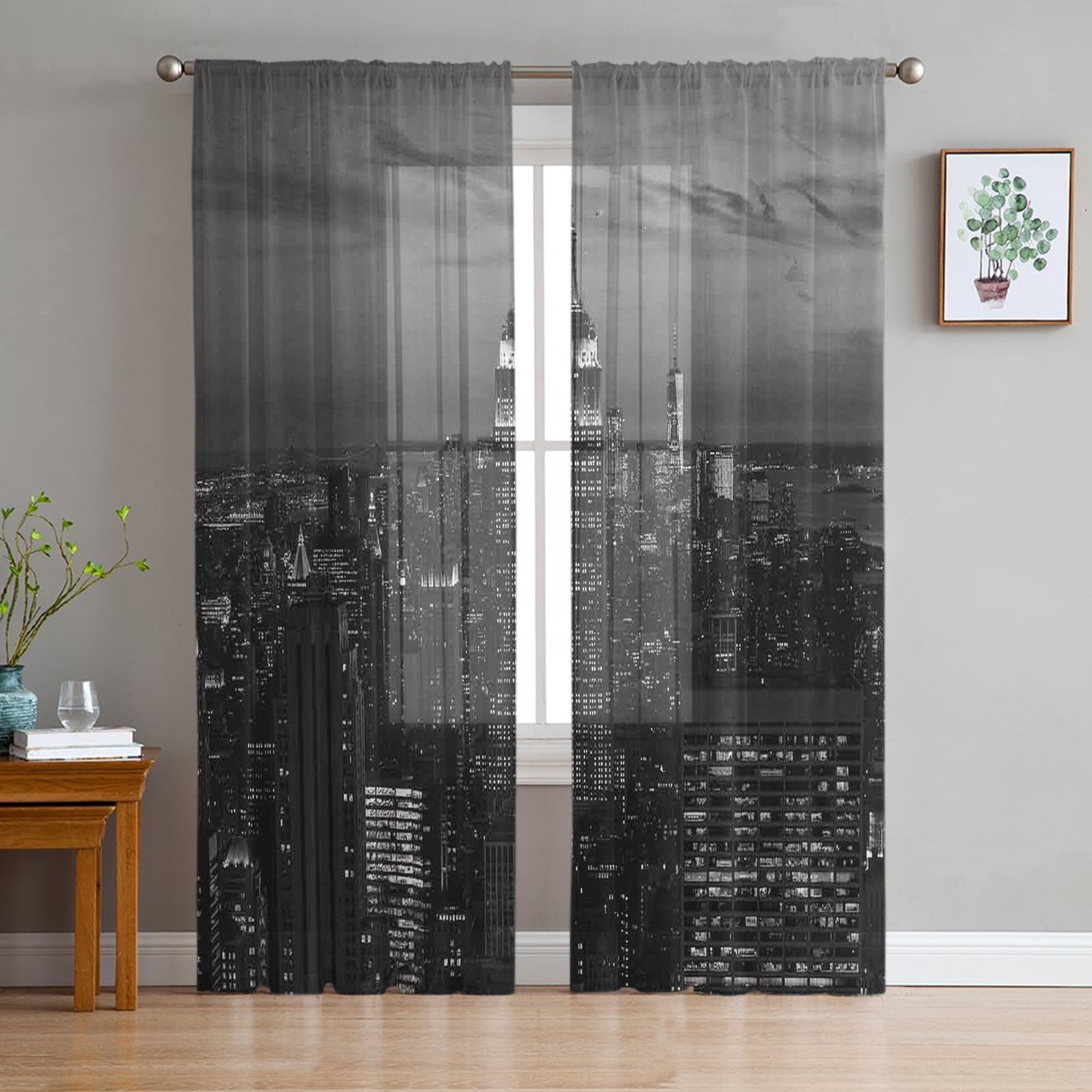 Grey New York City Sheer Voile Curtains Window Treatment for Kitchen