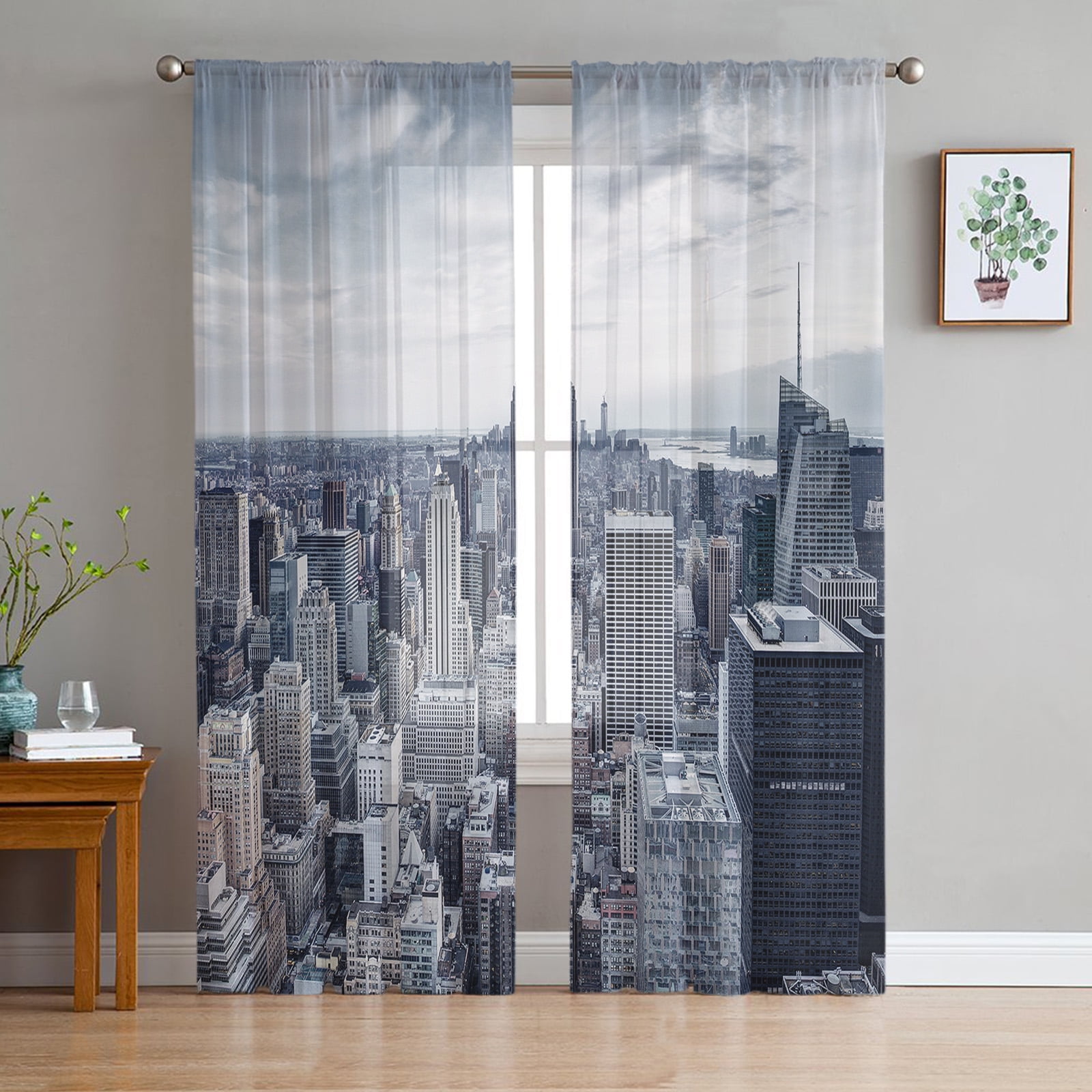 Grey New York City Sheer Voile Curtains Window Treatment for Kitchen