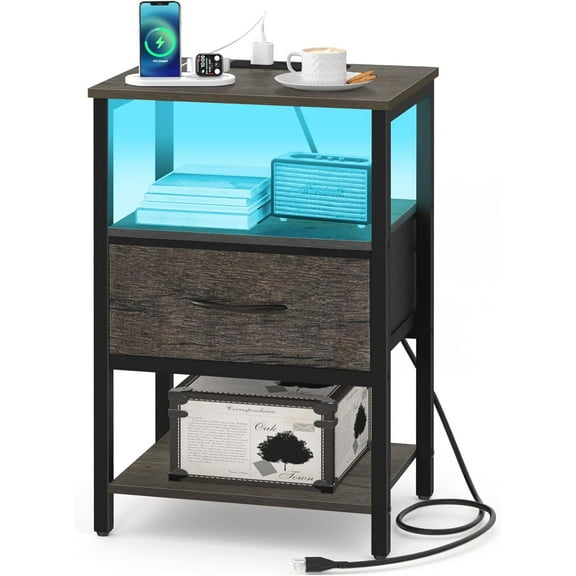 Grey Night Stand with Charging Station, LED Nightstand for Bedroom, Bedside Tables with Adjustable Fabric Drawer, 3-Tier End Table Living Room, Small Side Table with Storage