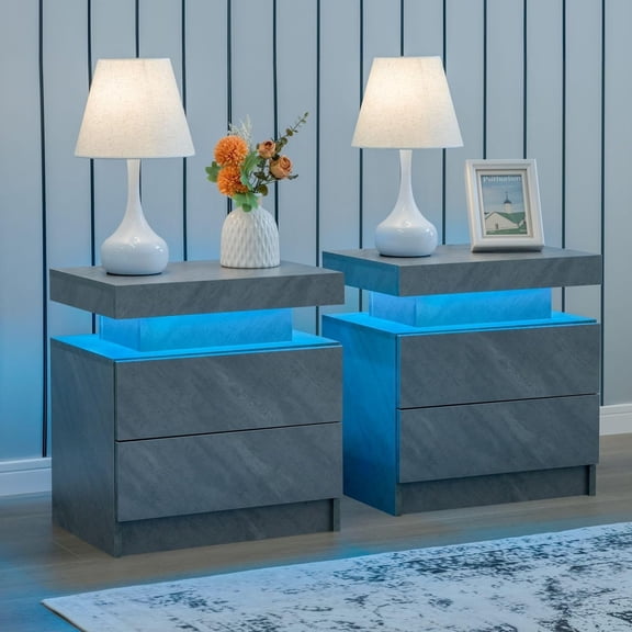 Grey Night Stand Set 2 Modern Bedside Tables with 2 Drawers Bedroom Night Stands Set of 2 LED Night Stand for Bedroom, Living Room