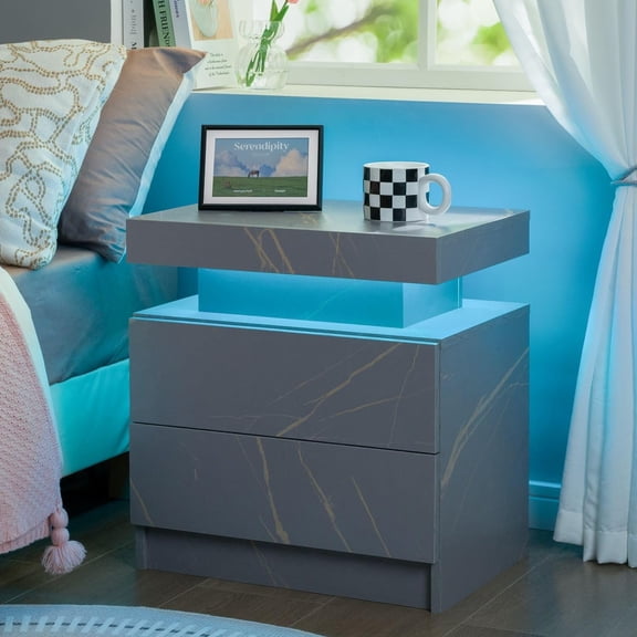 Grey Night Stand with 2 Drawers LED Nightstands Bedroom Night Stand for Bedroom, Living Room