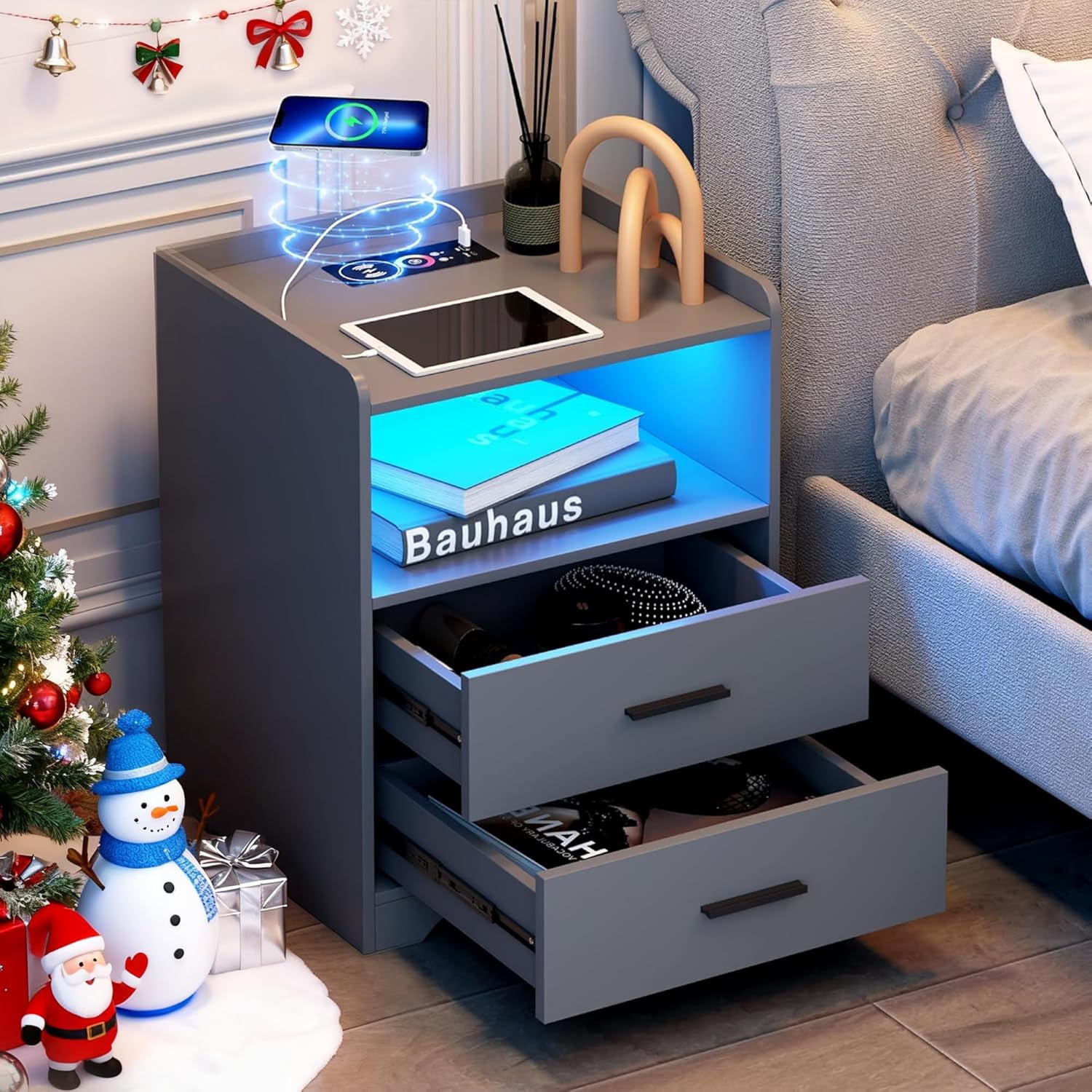Grey Night Stand with Station, Nightstand with 2 Drawers, Bedside Table — free download