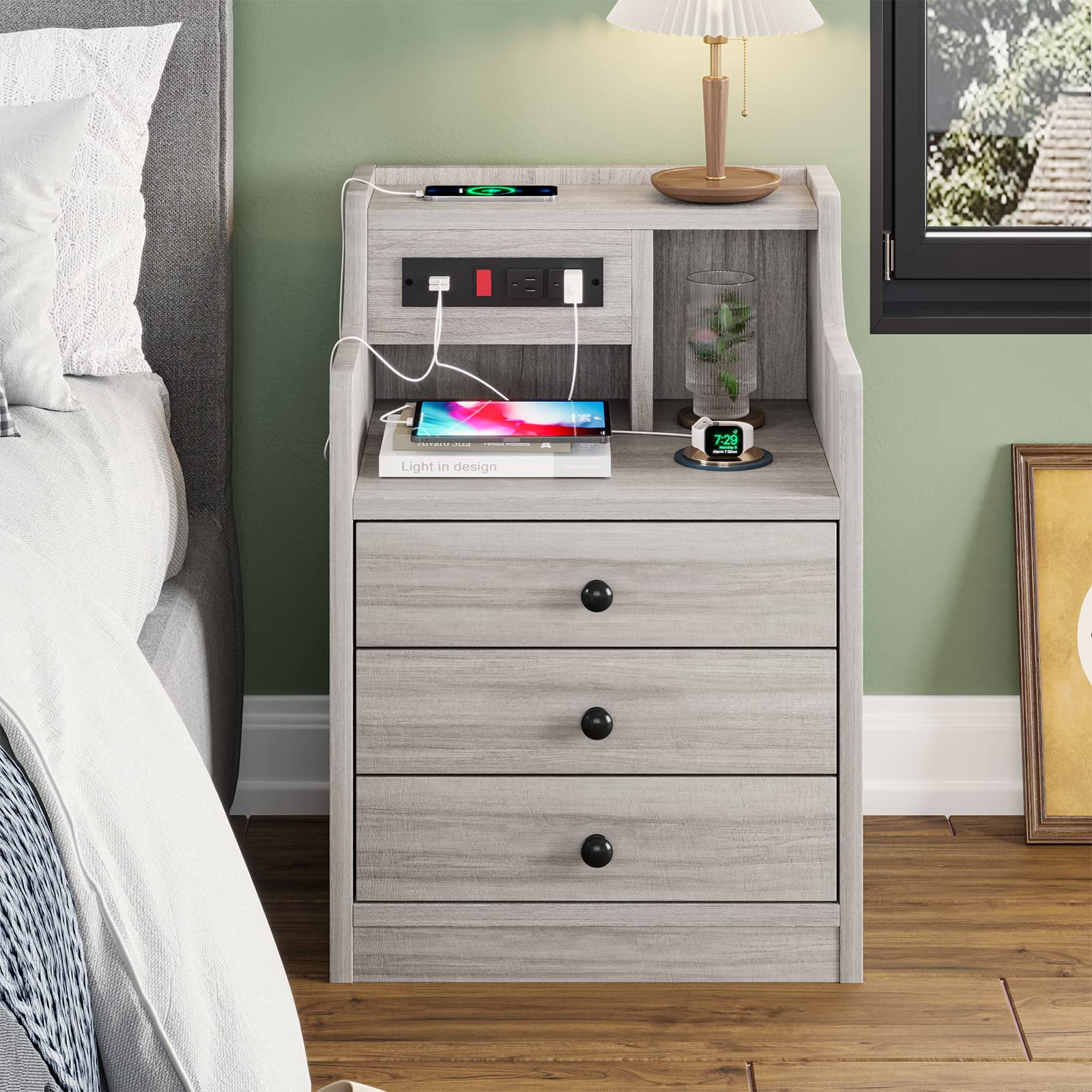 Nightstand with Charging Station, Nightstand with Hutch and 3 Storage