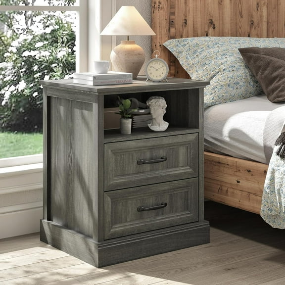 Grey Nightstand with Drawer Storage, Farmhouse End Table with Open Shelf, Mid Century Wood Bed Side Table Night Stand for Bedroom Living Room Sofa, 20 Inch
