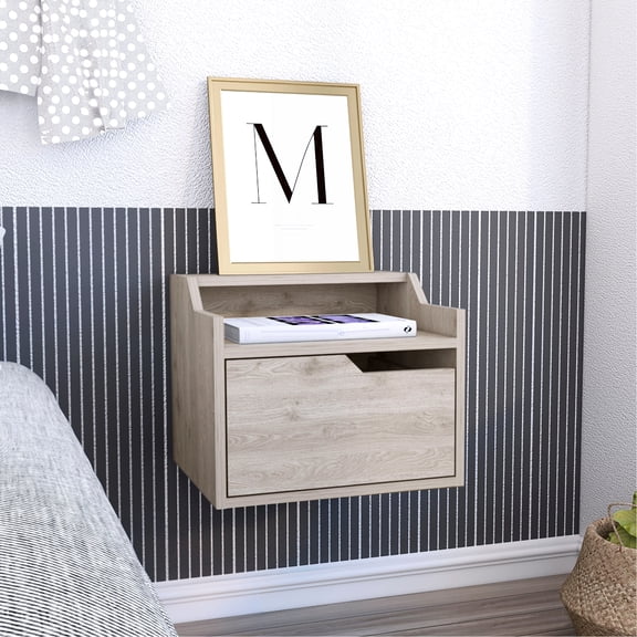 Grey Nightstand With Single Design And Top - Ideal For Bedroom Living Room As End Table, Side Table Floating In Single Drawer Spacious Shelf