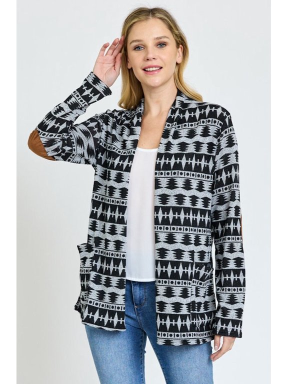 Grey Nordic Elbow Patch Cardigan with Pockets | S-XL