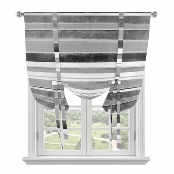 Grey Nordic Style Stripes Tie Up Curtains for Kitchen Windows,Adjustable Rod Pocket Valance 45 Inch Short, Black Gray Texture Window Treatment Balloon Roman Blind Shade, 52" x 45"