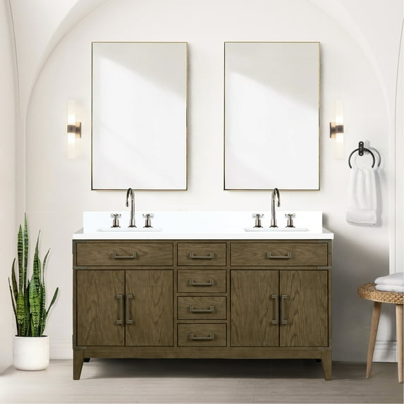 Grey Oak 60 In. Double Bath Vanity - 2 Cabinets, 4 Drawers & Open Shelf Storage Solid Wood Frame, Panels Easy Assembly Exquisite Wood,