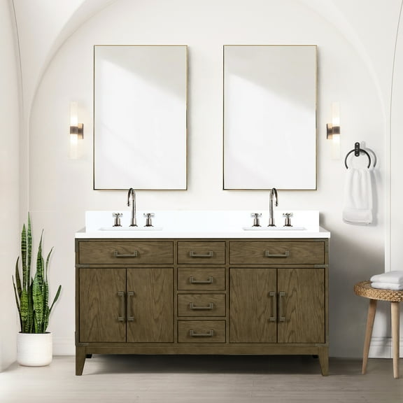 Grey Oak 60 In. Double Bath Vanity With White Quartz Top And Faucet - 22 D, Rich Storage Soft Close Feature W Vast Components