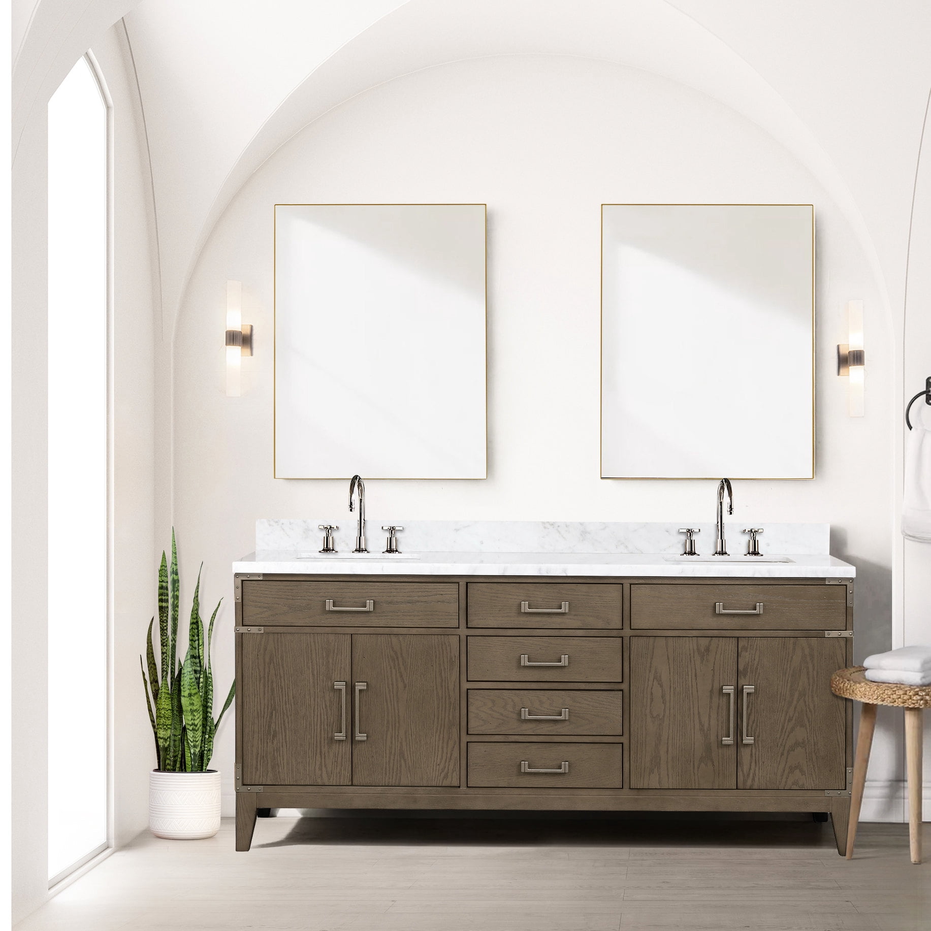 Grey Oak 72 in. Double Bathroom Vanity with Marble / Two Cabinets for