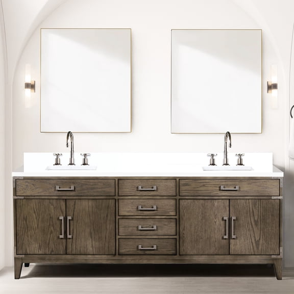 Grey Oak 84 In. X 22 Double Bath Vanity With Cultured Marble Counter - Solid Wood Build, Soft Close Design, Generous Storage Two Cabinets, Four Drawers & Open Shelf, Delicately Hand-polished Sealed