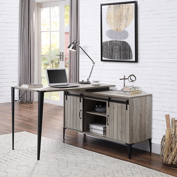 Grey Oak And Black Writing Table With Sliding Door, Organized Workspace Industrial Style Desk Maximize