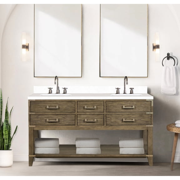Grey Oak Double Bath Vanity 60 In. X 22 In., Cultured Marble Bathroom Washroom Sink Countertop, Faucet, 28 Mirrors 60" W 22" D Featuring Top, Faucet , And 28"