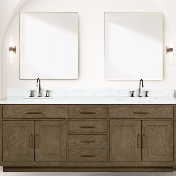 Grey Oak 84" X 22" Double Bath Vanity With Marble - Solid Wood & Composition, Soft Close Attribute Swiftly Affiliated W D Configuration, Feature Employed