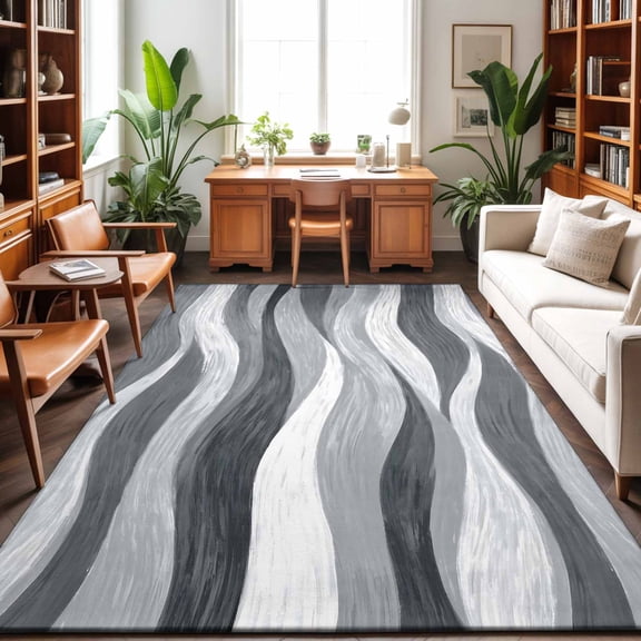 Grey Ocean Waves Washable Area Rug 9 x 12 ft Abstract Modern Stripes Industrial, Soft Non Slip Rugs Stain Repellent Indoor Felt Carpet for Living Dining Room Bedroom Home Office