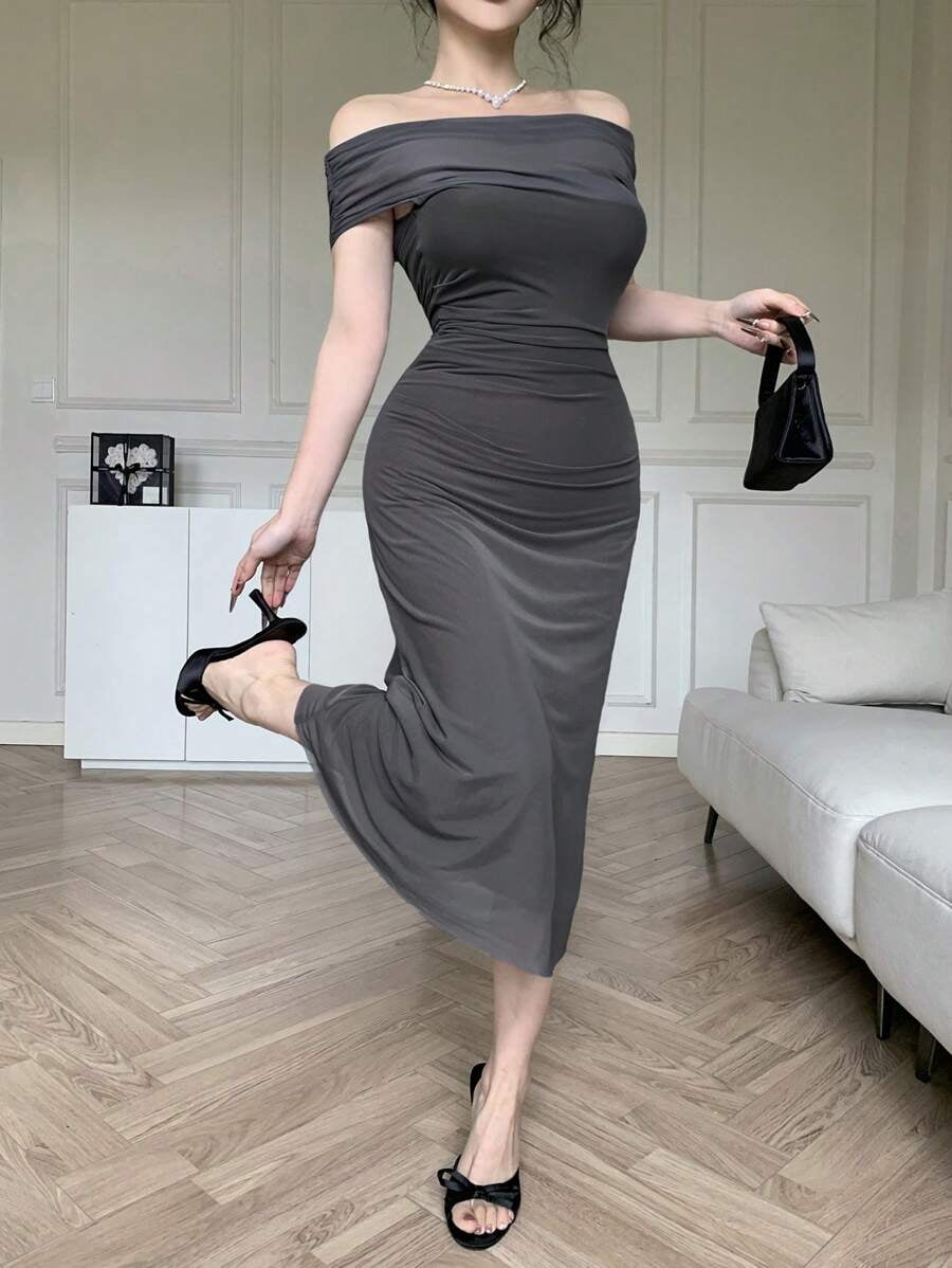 grey off the shoulder bodycon dress Ruched Midi Elegant Solid Sundress For Evening Or Wedding Guest Size:standard (white satin) shoulder ruffled neck in sufficient Homfa 7 Drawer Double