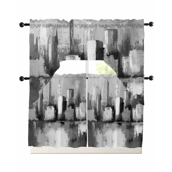 Grey Oil Painting Kitchen Curtains Sets 36 Inch Length with Valance, Modernism Minimalist City Swag Valances and Tiers Curtain Set Drapes Swag Curtains for Living Room, Bathroom, Bedroom, Cafe