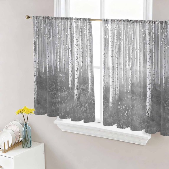 Grey Oil Painting Semi Sheer Curtains 45 Inch Length 2 Panels Set, Contemporary Abstract Art Sheer Kitchen Curtain Privacy Voile Window Curtain for Living Room Bedroom Rod Pocket Drapes