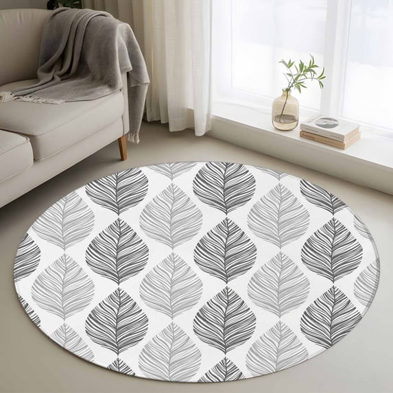 Grey Olive Round Rugs for Living Room 3ft Leaf Texture Watercolor Non Slip Circle Rug Washable Low-Profile Indoor Carpet for Bedroom, Dining Room, Bathroom