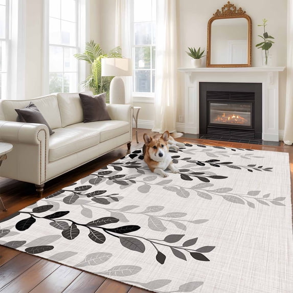 Grey Ombre Botanical Area Rug 5x7 FT, Non Slip Bedroom Throw Carpet, Watercolor Gray Pastoral Leaf Rustic Washable Soft Floor Carpet Non-Shedding Rug for Dining Room Bedside Classroom Desk