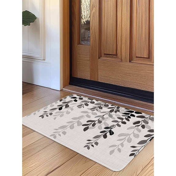 Grey Ombre Botanical Door Mat Indoor Outdoor Entrance, Non Slip Rug for Kitchen Bathroom Entryway Rug, Watercolor Gray Pastoral Leaf Rustic Washable Doormat Floor Mat for Office 24x36 Inch
