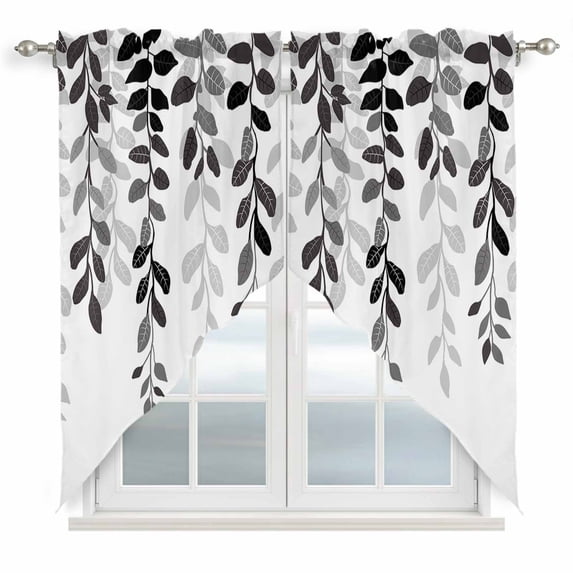 Grey Ombre Botanical Kitchen Window Curtains, Swag Curtains Valance for Bedroom Living Room Bathroom, Watercolor Gray Pastoral Leaf Rod Pocket Window Treatment Curtain Block Drapes 2 Panels 28"x36"