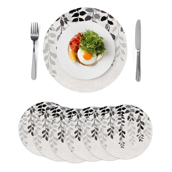 Grey Ombre Botanical Round 13 Inch Placemats Set of 6, Watercolor Gray Pastoral Leaf Rustic HeatResistant Non Slip Place Mats for Dining Table, Wipeable Braided Kitchen Table Mats for Housewarming