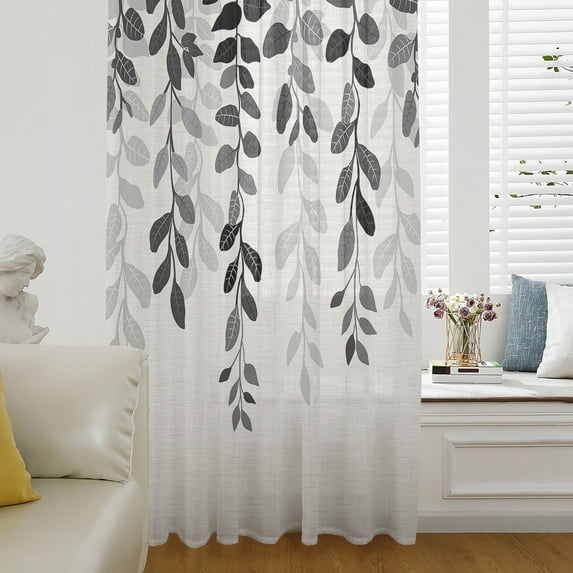 Grey Ombre Botanical Semi Sheer Curtains Drapes for Living Room,Bedroom,French Doors Window 108 Inches Long,Watercolor Gray Pastoral Leaf Rustic Rod Pocket Chiffon Curtain Drapery Voile Drape Panel