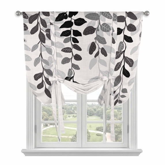 Grey Ombre Botanical Tie Up Curtains for Kitchen Windows,Adjustable Rod Pocket Valance 54 Inch Long, Watercolor Gray Pastoral Leaf Rustic Window Treatment Balloon Roman Blind Shade, 42" x 54"