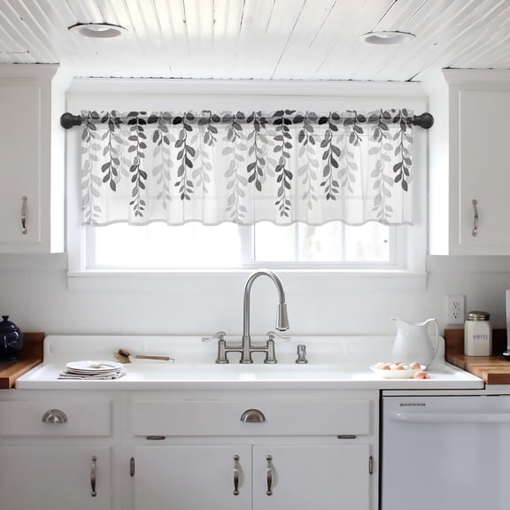 Grey Ombre Botanical Valance Curtains for Kitchen/Living Room/Bathroom/Bedroom Window, Watercolor Gray Pastoral Leaf Rod Pocket Small Topper Half Short Window Curtains Voile Sheer Scarf 42"x18"
