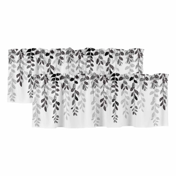 Grey Ombre Botanical Valances for Windows, Watercolor Gray Pastoral Leaf Light Filtering Kitchen Curtains, Rod Pocket Window Valance Curtains for Living Room Bedroom, 60" W x 18" L, 2 Panels