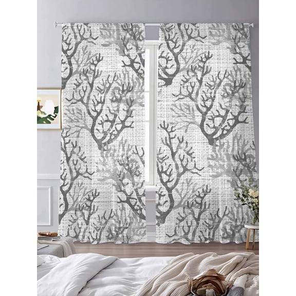 Grey Ombre Coral Abstract Sheer Curtains 2 Panels Set Summer Ocean Corals Lihgt Filtering Rod Pocket Voile Drape,Semi Sheer Window Curtains for Bedroom Living Room,52"x84"