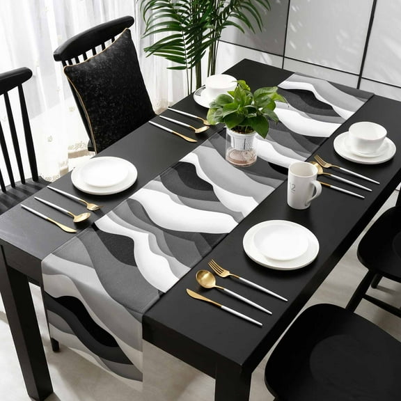 Grey Ombre Cotton Linen Table Runner 13 x 90 inch Modern Geometric Moire Abstract Art Non-slip Rectangular Dining Table Decor for Wedding Party Holiday Dinner