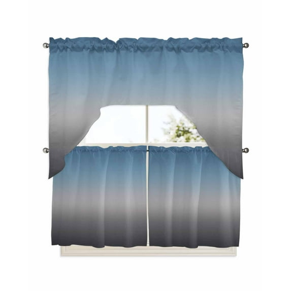 Grey Ombre Kitchen Curtain and Valance Set 3 Pieces,Rod Pocket Short Tier Curtains 24 Inch Length,Navy Blue Gray Gradient Modern Abstract Art Swag Topper Small Window Treatment for Cafe Bathroom