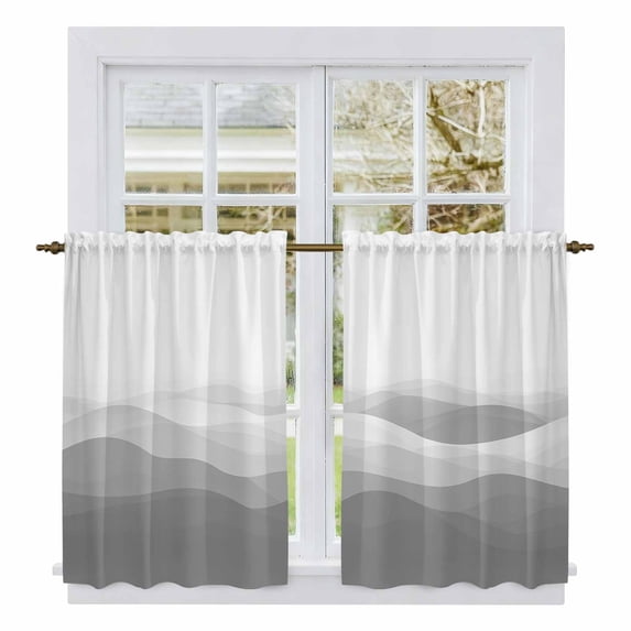 Grey Ombre Kitchen Curtains, Summer Minimalist Ocean Waves Light Filtering Window Curtain Panels, 2Pcs Rod Pocket Window Treatments Set for RV Dining Room Study Room 42x54 Inches