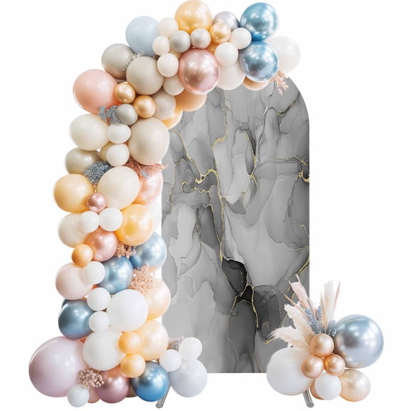 Grey Ombre Marble Arch Backdrop Cover, Spandex Fitted Wedding Arch Cover, Gray Marble Crack Abstract Modern Round Top Stand Covers for Birthday Ceremony Bridal Shower Party Decor 5x2.1 Ft