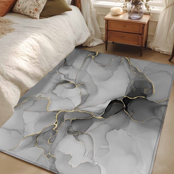 Grey Ombre Marble Area Rugs 2.7x5 for Living Room, Gray Marble Crack Abstract Modern Non Slip Washable Rug Runner, Low Pile Indoor Floor Carpet Mat Bathroom Rugs for Bedroom, Kids Room