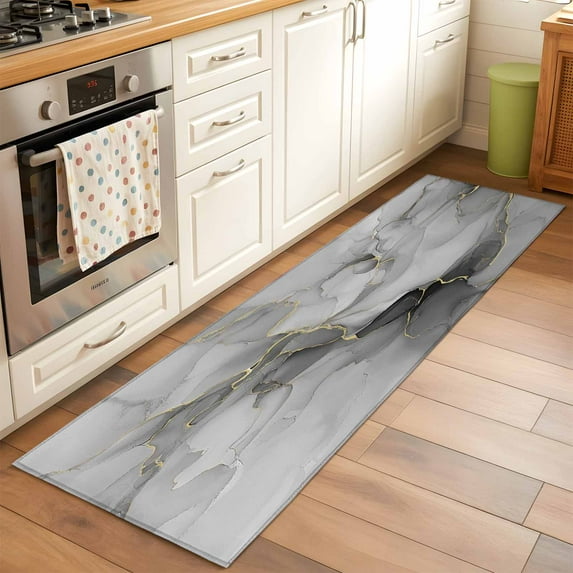 Grey Ombre Marble Area Rugs 2x6 for Kitchen Runner Rug, Gray Marble Crack Abstract Modern Non Slip Washable Rug Runner, Low Pile Indoor Floor Carpet Mat Bathroom Rugs for Bedroom, Kids Room