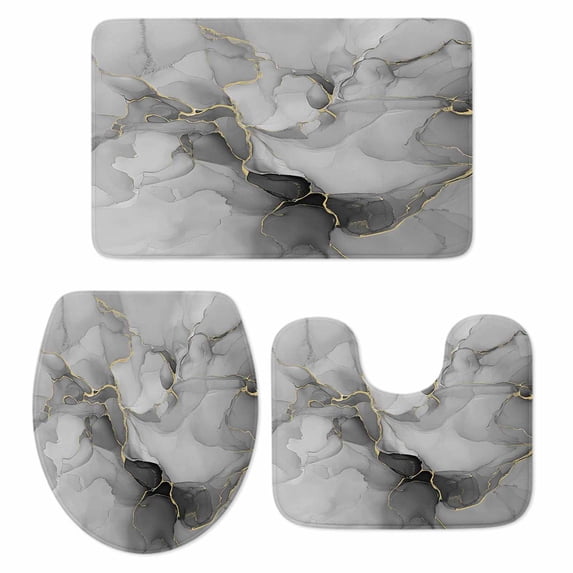 Grey Ombre Marble Bath Mat 3 Piece Bathroom Rug Set, Gray Marble Crack Abstract Modern Non Slip Bath Rug Contour Mat and Toilet Lid Cover, Absorbent Shower Mats Soft Bath Rugs and Mats Sets